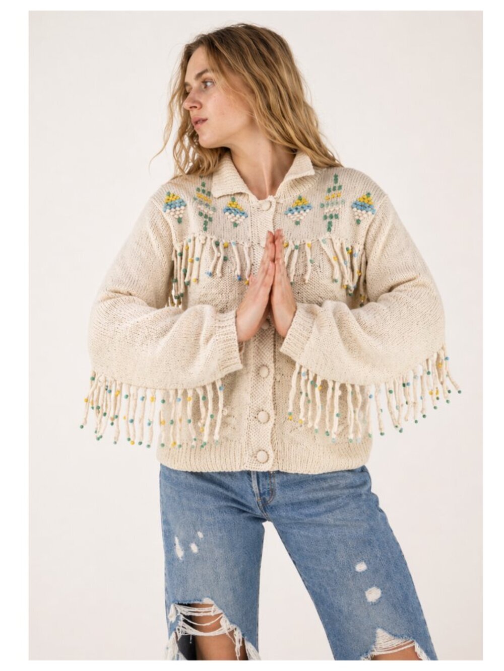Vintage Hand Knit Fringe Beaded Southwestern Cardigan Sweater - Picture 1 of 8